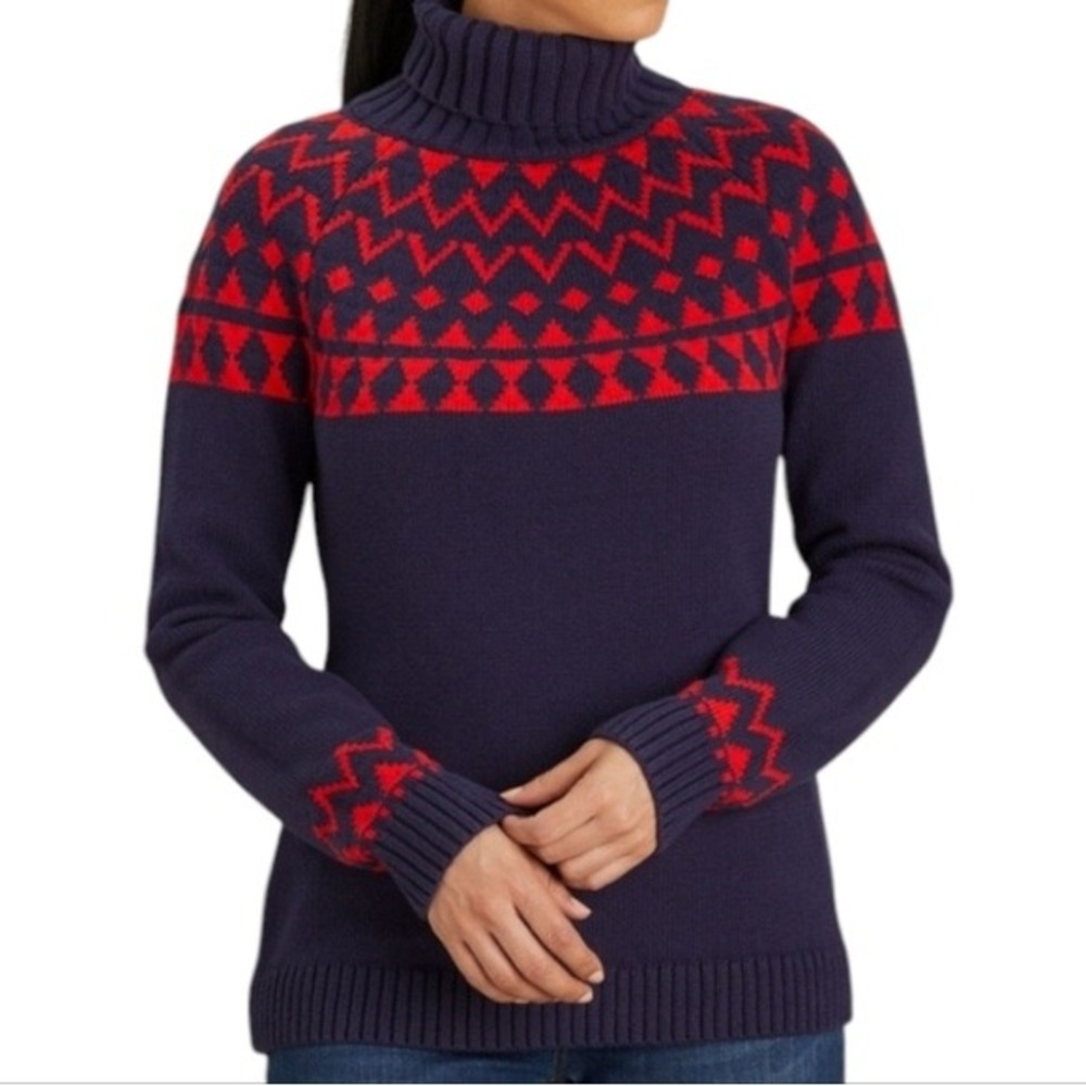 NWT Duluth‎ Trading Co Thick Fairisle Turtleneck Sweater Navy Red Women's Size L - Picture 2 of 8